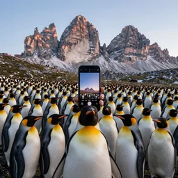photograph of thousands of penguins, with on at the front holding up a iphone taking picture, dolomites mountain in the background, sunrise, cinematic lighting