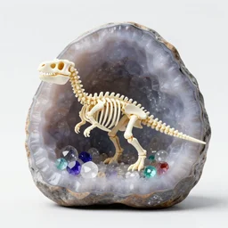 tiny dinosaur skeleton inside a geode of colored crystals