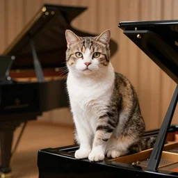 “ cat sitting on grand piano concert hall, professional photography ”