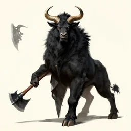 a noble, fierce Minotaur warrior with black fur, carrying a battleaxe, fantasy drawing, concept design