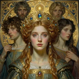 detailed realistic beautiful young medieval queen face portrait by jean delville, tom bagshaw, brooke shaden, gustave dore and marco mazzoni, art nouveau, symbolist, visionary, gothic, pre - raphaelite, ornate gilded medieval icon, surreality, ethereal, unearthly, haunting, celestial, neo - gothic, ghostly, memento mori, nightmare, medium shot