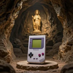 beautiful cinematic photo of a gameboy on a pedestal in a cave like a holy artifact