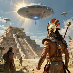 A fierce Aztec warrior watches the alien ufo fleet arrive at the Aztec temple. Intense dramatic epic sci-fi concept artwork in the style of Greg rutkowski and Sylvain Lorgeou. Spaceships. Awarded on artstation