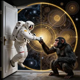 human astronaut and space chimpanzee, opening door that shows space and time, by davinci, circles, golden ratio, spirals, psychedelic, intricate