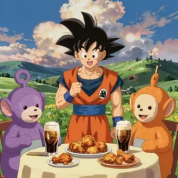 goku and cell and teletubbies drinking guinness and eating fried chicken by makoto shinkai