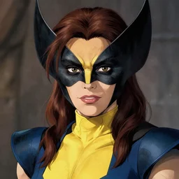 beautiful female classic wolverine, detailed perfect face, exquisite details, high quality, intricate clothing, marvel comics, x - men, mid view, by studio muti, greg rutkowski makoto shinkai takashi takeuchi studio ghibli