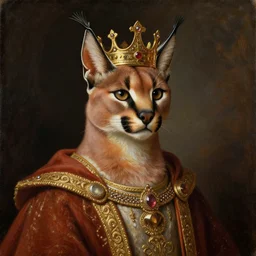 an oil painting portrait of a caracal wearing medieval royal robes and an ornate crown on a dark background