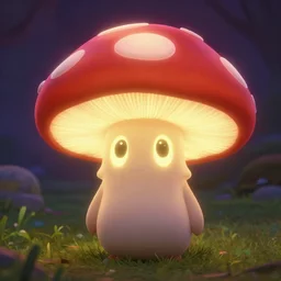 glowing mushroom character with big oval shaped eyes.. pixar.