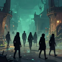 a group of shadowy individuals walking in a niantic ingress style world