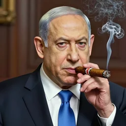 netanyahu smoking a cuban cigar, cartoon, hyper realistic, hyper detailed