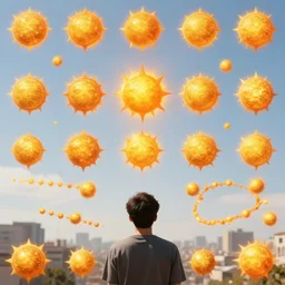 the sky is crowded with many multiple identical suns. a thousand identical suns in the sky. focus on the sky. man looking at the identical suns in the city sky. a lot of identical suns suns suns suns! sun grid. fantasy art by noah bradley, patrick woodroffe, chris rahn. extremely high details, realistic, masterpiece, artstation contest winner