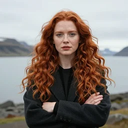 Beautiful photo of an Icelandic self absorbed red head entrepreneur suggesting intimacy without elaborating further