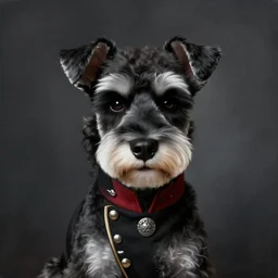portrait of stoic looking miniature schnauzer, military uniform, black fir, white eyebrows, fantasy, intricate, elegant, highly detailed, centered, dark, smokey, charcoal painting, digital painting, artstation, concept art, smooth, sharp focus, illustration, art by alphonse mucha