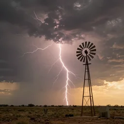 photo of a stormy west texas sunset, perfect windmill, lightning, golden hour, high quality, beautiful!!!