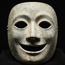 a creepy stone mask with empty eyes and a smiling empty gaping mouth, the mask is smooth and has no nose
