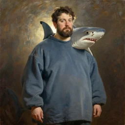 subject:  oversized shark in medium shot backlight portrait, style:  very heavy textured rembrandt oil painting with dramatic light