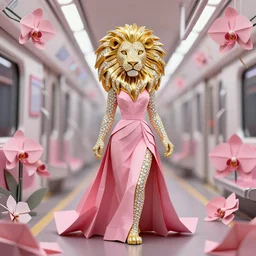 a stunning beautiful anthropomorphic lionness woman made out of ceramic gold diamonds wearing a flowing pink colored paper dress, a futuristic subway stop made out of origami, origami orchids, heavenly light, 3 d, very detailed, octane render, trending artstation, artgem