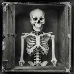 skeleton in closet, old vintage photography, damaged photo, daguerreotype, ambrotype, black and white, archive, film artifacts, scratches, tears, hyperrealistic, ultra detailed