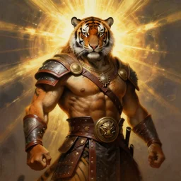 a painting of a muscular anthropomorphic tiger warrior with long hair, wearing leather barbarian armor, god rays, high quality, in the style of frank frazetta, 4 k, 8 k