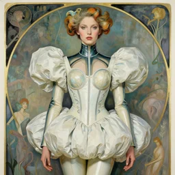 a copic maker art nouveau portrait of a real russian model girl detailed features wearing a puffy futuristic weeding dress and a latex suit designed by balenciaga by john berkey, norman rockwell akihiko yoshida