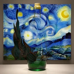 a bottle on display filled by van gogh starry night, by van gogh