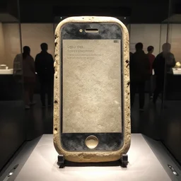 fossil of a stone iphone from the year 1 5 0 0 bc placed in an ancient history museum, 4 k, real, archeological exhibit, shot from afar, people looking at the exhibit through glass
