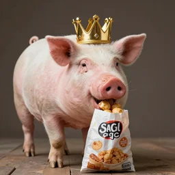 cut obese pig wearing a gold crown as a Muppet eating out of a snack bags 8k