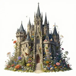 highly detailed illustration of a gothic castle exploded by all the known species of flowers by juan gatti, by moebius!!,, by oliver vernon, by joseph moncada, by damon soule, by manabu ikeda, by kyle hotz, by dan mumford, by kilian eng