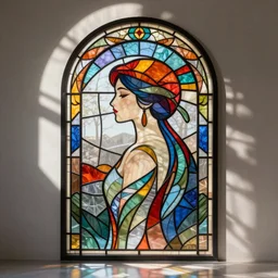 photo of a stain glass artwork depictinf a mirrored delicate minimalist art nouveau tattoo, vibrant colors, intricate detail, clean lines