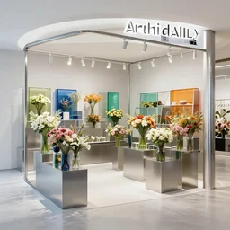 flower retail store, minimal, stainless steel and color glass, frame magazine, archidaily, futuristic mechanic, contemporary art and sculpture for flower, trending on artstation, octane rendering