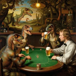 velociraptors playing poker on a bar while drinking beer, in the style of a renaissance painting.
