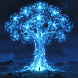 grand blue bioluminescenct yggdrasil rises to the stars, makoto shinkai