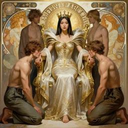 a young asian woman with shoulder length hair and strong facial bone structure, queen and ruler of the universe, sitting on her throne, young handsome caucasian men kneeling at her feet, digital painting, highly detailed, intricate, elegant, trending on artstation, art by greg rutkwowski, artgerm, wlop, alphonse mucha