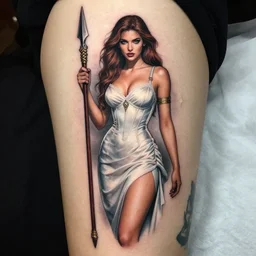 tattoo design, a female valkyrie holding a spear wearing a white dress, made by artgerm, artgerm, trending on artstation, sexy