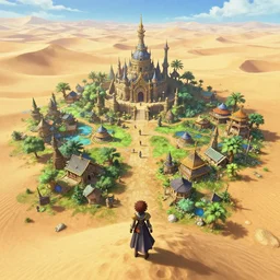 a beautiful spiritual sacred godly ancient isolated alien lively village built in the lush oasis of a vast hot sand desert, 3 rd person action adventure, screenshot, gameplay, final fantasy, square enix, jrpg, cutscene, unreal engine, 4 k, ultra high settings, rtx, next gen graphics, playstation 5, greg rutkowski, tetsuya nomura, trending on artstation, concept art