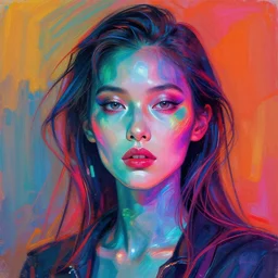 female cyberpunk portrait by cy Twombly and BASTIEN LECOUFFE DEHARME, iridescent, volumetric lighting, neon glow