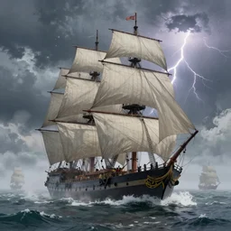 fleet of giant sailing battleships with giant sails, raging sea foggy, dramatic, action scene, lightningstorm background, shipfleet on the horizon, high detail, greg rutkowski, james gurney, gene wolfe, gustave dore, jesper ejsing, rhads, makoto shinkai, ilya kuvshinov