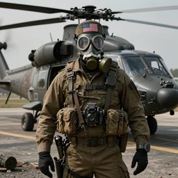 american officer in gas mask and cap stands near a military attack helicopter, intricate, defined, grim environment, artwork