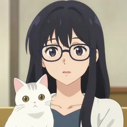 anime portrait of one lady wearing eyeglasses and one cat by wlop and loish, elegant, vivid colors, hyperdetailed artistic lines, intricate, in the style of borderlands, artstation, 8 k