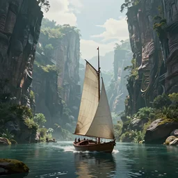 sailing a calm fantasy river with tall cliffs, exquisite, volumetric lighting, 8 k octane beautifully detailed render, post - processing, extremely hyper - detailed, intricate, epic composition, cinematic lighting, masterpiece, trending on artstation, stunning art by craig mullins, by simonetti, beautiful cinematic light