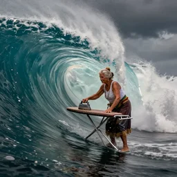a tunnel wave at teahupo'o with a very old woman dropping in an an ironing board