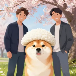 shiba inu wearing a rice hat, under a sakura tree by greg rutkowski, chris tulloch mccabe and asher duran
