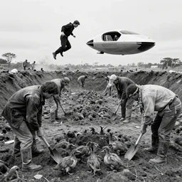 black and white photograph of a mass grave full of dodo birds being buried by workers with shovels dressed in tattered clothes, a man in a black jumpsuit jumps out of a futuristic flying car running towards the pit