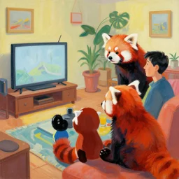 greg manchess painting of a family of red panda characters watching tv, living room scene, detailed, medium shot, asymmetrical, profile picture, organic painting, sunny day, matte painting, bold shapes, hard edges, street art, trending on artstation, by huang guangjian and gil elvgren and sachin teng