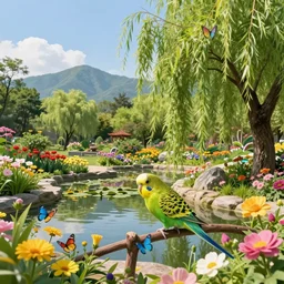 paradise garden, parakeets, butterflies, flowers, ponds, willow tree, mountains in the background, beautiful, sunny, lush