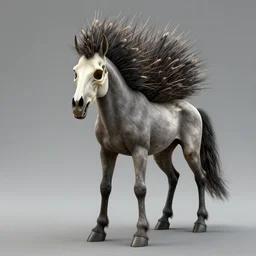 a monster shapeshifter with a face of a skeletal horse, massive porcupine quills, long limbs, stands on two bent legs, stalking in a dark cave, photograph award winning, unreal engine, hyper realistic, dark volumetric lighting, 4 k,