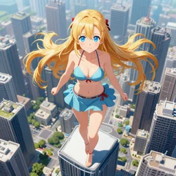 seen from above : a giant macro very beautiful young yuuki asuna, full body, long wavy blond hair, sky blue eyes, full round face,, bikini, miniskirt, stepping on a miniature city, cinematic wallpaper by stanley artgerm lau