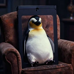 a penguin in couch, night, cinestill 8 0 0 t, vhs tape, hyper realistic, film grain, cinema filter, directed by tim burton