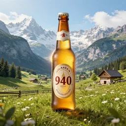 1 9 4 0 s german advertisement of beer, the alps are in the background, unreal engine, global illumination, radiant light, detailed and intricate environment