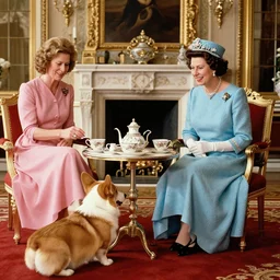 corgi having a tea party in buckingham palace with queen of england, 8 5 mm photo, 1 9 9 0, vogue magazine